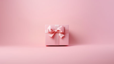 Soft pink gift box with pink satin ribbon. Side view of a birthday or Christmas gift, with space for text. High quality photoの素材