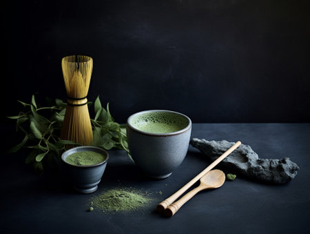 green matcha in a cup on dark. High quality photoの素材