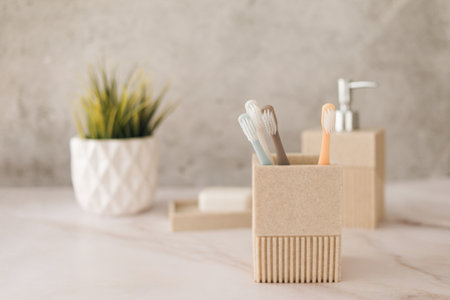 Morning in the bathroom, toothbrushes in the glass. High quality photoの写真素材