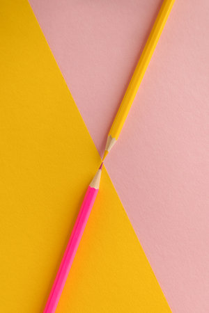 Colored background with colored pencils with space for text. High quality photoの写真素材