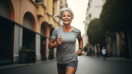 Keeping in shape at 60. Smiling middle-aged woman during a jog in the cityの素材