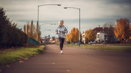 Keeping in shape at 60. Smiling middle-aged woman during a jog in the cityの素材