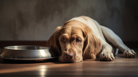 A dog lies beside an empty bowl. Blank space for textの素材