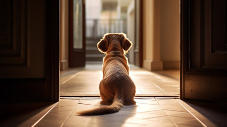 A dog sits by the door and waits for his masterの素材