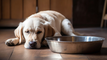 A dog lies beside an empty bowl. Blank space for textの素材