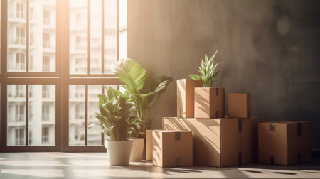 Move concept. Cardboard boxes and cleaning things for moving into a new home. Cardboard boxe backgroundの素材