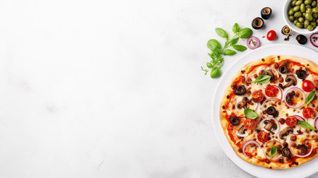 Delicious pizza with mushrooms, tomatoes, mozzarella, peppers and olives, on a white backgroundの写真素材