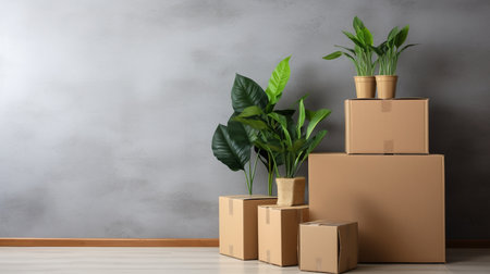 Move concept. Cardboard boxes and cleaning things for moving into a new home. Cardboard boxe...