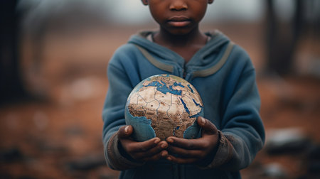 The concept of the International Day of Peace. African children holding a globe of the Earthの素材