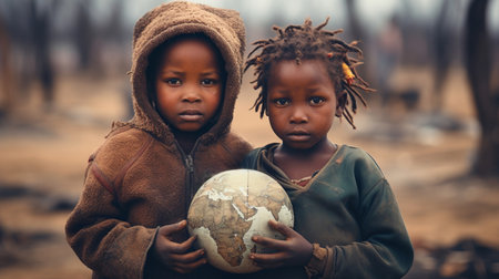 The concept of the International Day of Peace. African children holding a globe of the Earthの素材