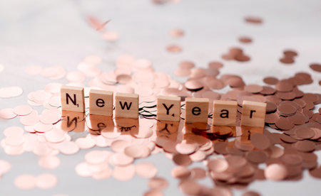 background with shiny confetti and the inscription New Yearの写真素材