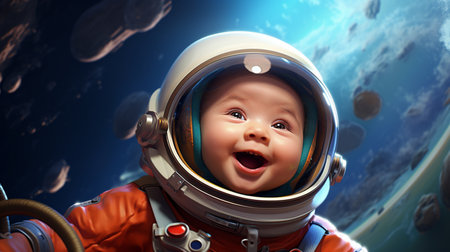 A cute, happy baby in an astronaut costume in space.の素材