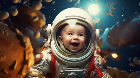 A cute, happy baby in an astronaut costume in space.の素材