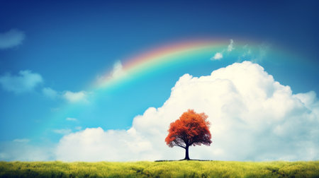 Rainbow Rural landscape with wheat field on sunsetの素材