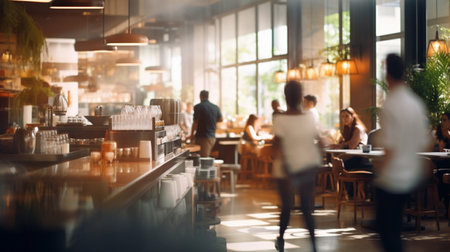 Blurred coffee shop or cafe-restaurant, blurred background of restaurant with peopleの素材