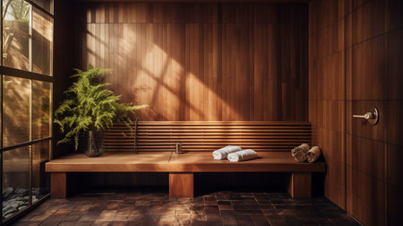 View of the Finnish sauna room. Modern interior of a wooden dry steam spa cabinの素材