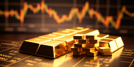 Gold bars and coins on the background of the chart of investments on and sharesの素材