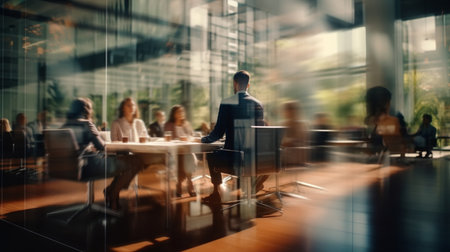 Long exposure shot of a crowd of business people walking through a bright office. Banner with fast moving people with blurringの素材
