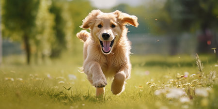 a happy dog running across a green lawn smiling and wagging his tail.の素材