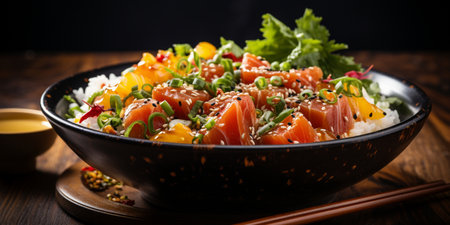 Hawaiian poke bowl with tuna, avocado, rice, seaweed and sesame seedsの素材
