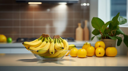 Fresh bananas in a bowl. Glass plate with handle with banana on table on light colored backgroundの素材
