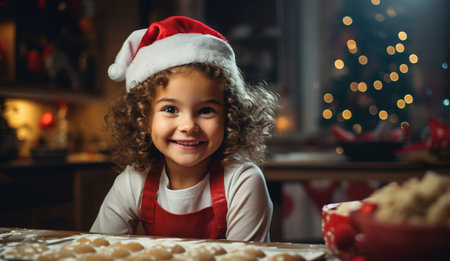 A cute little girl, smiling and cheerful, kneads dough to make sweets and baked goods for New Years celebrationsの素材