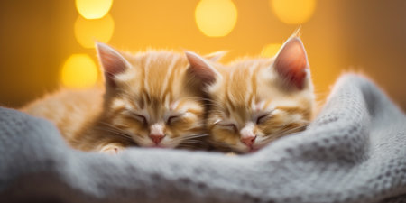 cute kittens lying together in a warm scarfの素材