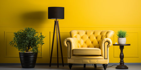yellow comfortable armchair, next to a floor lamp and a green plant, design and interiorsの素材