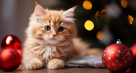 Cute furry kitten in a red Santa Claus hat on bokeh Christmas backgroundの素材
