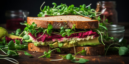 Vegan sandwiches with beetroot hummus with cheese, avocado and arugulaの素材