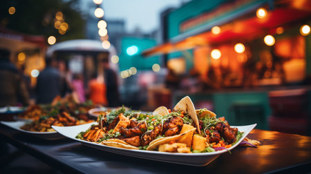 street food with blurred background of food truck at city festivalの素材