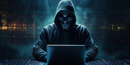 Dangerous Hooded Hacker Breaks into Government Data Servers and Infects Their System with a Virus. hacking computer system. male in mask and pullover. unrecognizable incognito male sit in hoodの素材