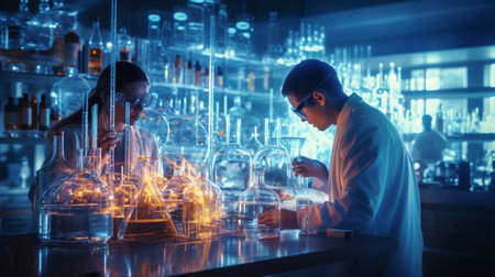Pharmacist work in laboratory, equipment and production line for pharmaceutical glass bottlesの素材