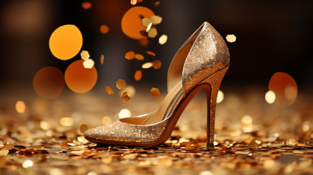 golden shoe on festive golden background with confettiの素材