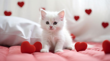 adorable kitten with hearts on a white blanket, the concept of love and careの素材