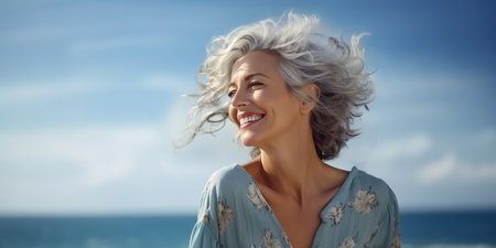 Grey-Haired Senior Model Laughing with Clean Teethの素材