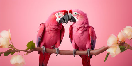 Two loving pink parrots hug and kiss each other on a pink backgroundの素材