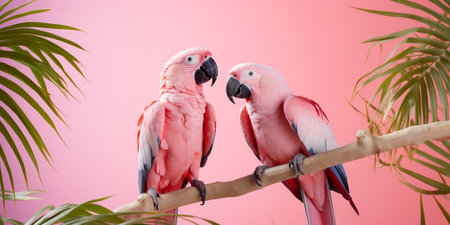 Two loving pink parrots hug and kiss each other on a pink backgroundの素材