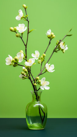 branch with blossoming flowers in a glass vase, concept of the arrival of spring, vertical photoの素材