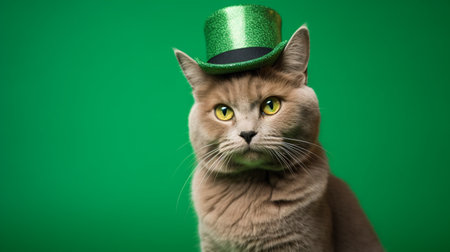 Serious cat in a green felt hat on a green background celebrating St. Patricks Dayの素材