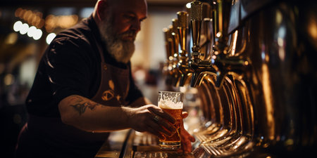 a bartender in a pub pours a glass of beerの素材