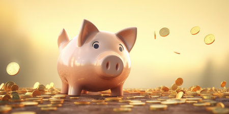 A cute piggy bank smiles under a shower of gold coinsの素材