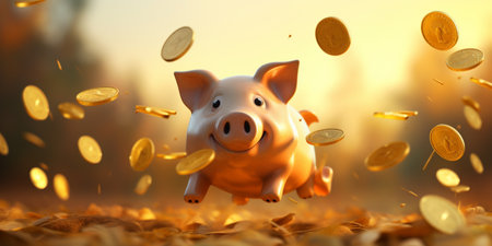 A cute piggy bank smiles under a shower of gold coinsの素材