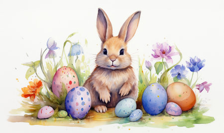 happy easter day cad template cute rabbit eggs watercolorの素材
