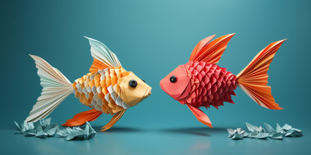 a pair of origami fish on an aquamarine backgroundの素材