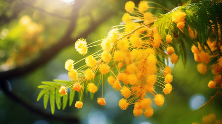 Blossoming of mimosa tree close up in spring, bright yellow flowers, golden wreath wattleの素材