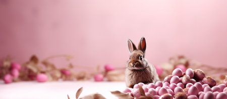 cute chocolate colored bunny on a pink background among pink easter eggs and with empty space for textの素材
