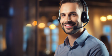a man with a headset takes a call in a call centerの素材
