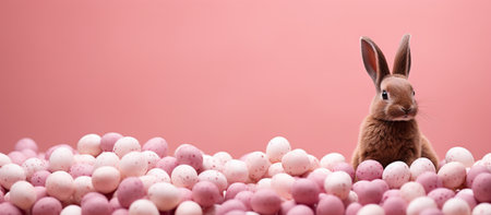 cute chocolate colored bunny on a pink background among pink easter eggs and with empty space for textの素材