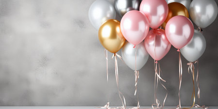 metallic balloons in gold silver white and pink tone on a gray wallの素材